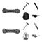 Climber on conquered top, coil of rope, knife, hammer.Mountaineering set collection icons in black,monochrome style