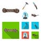 Climber on conquered top, coil of rope, knife, hammer.Mountaineering set collection icons in cartoon,flat style vector