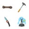 Climber on conquered top, coil of rope, knife, hammer.Mountaineering set collection icons in cartoon style vector symbol