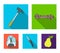 Climber on conquered top, coil of rope, knife, hammer.Mountaineering set collection icons in flat style vector symbol