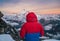 Climber dressed down jacket parka enjoying Makalu fifth highest mountain in world and Chamlang beautiful early morning shot from