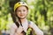 Climber little girl on training. Cute school little girl enjoying a sunny day in a climbing adventure activity park