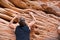 Climber man free climbing on rock