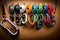 A climber\\\'s carabiner collection neatly arranged on a climbing harness, showcasing the variety of equipment used