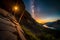 A climber\\\'s headlamp casting a warm glow on the rock wall, illuminating the way during a predawn ascent