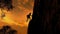 A climber is silhouetted against the evening sky as he clings to a steep rock face