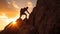 A climber is silhouetted against the evening sky as he clings to a steep rock face