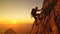 A climber is silhouetted against the evening sky as he clings to a steep rock face