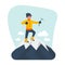 Climber standing on the top of mountain with an ice pick. Young smiling mountaineer climbing on a rock. Vector cartoon