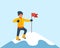 Climber standing on the top of mountain with a red flag. Young smiling mountaineer climbing on a rock. Vector cartoon