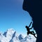 Climber on steep rock mountain silhouette, snowy mountains and blue sky in background