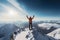 climber on the top of a mountain with his arms raised