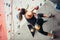 Climber young woman climbing on practical wall indoor, bouldering, recreation, sport