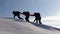 Climbers hand in hand climb to top of a snowy mountain. the team of travelers in winter go to their goal of overcoming