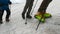 Climbers walk through snow. Clip. Feet of ascending climbers in special snow shoes on mountain tops. Feet of climbers