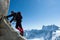 Climbing in Chamonix. Climber on the stone wall of Aiguille du M