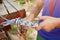 Climbing equipment in the hands of the instructor close-up