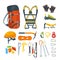Climbing equipment, vector icons and design elements set. Mountaineering extreme sport gears and accessories