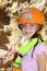 Climbing little girl smiling portrait helmet rope