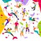 Climbing people active characters vector illustration set. Mountain extreme sport climbers on high wall.