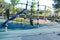 Climbing ropes at kids playground, climbing net, ropes in the playground, jungle gym for climbing kids. Modern playground with