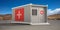 Clinic, first aid container box, blue sky background. 3d illustration