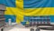 Clinic laboratory equipment on Swedish flag background. Healthcare and medical research in Sweden related conceptual