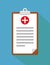 Clinical record, prescription, medical checkup report, health insurance concepts. Clipboard with checklist and medical cross in mo