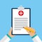 Clinical record, prescription, medical checkup report, health insurance concepts.Clipboard with checklist and medical cross.vector