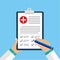 Clinical record, prescription, medical checkup report, health insurance concepts.Clipboard with checklist and medical cross.vector