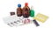 Clinical thermometer and several bottles and blister pack of med