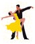 Clip art, a dancing couple, a man in black and a woman in a yellow dress in an elegant pose. Poster, print,