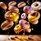 A clip art of a food professional photography of a dramatic delicious various toppings doughnuts, scrambled floating in the air.