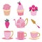 Clip art set of cupcakes, strawberry, teapot, teacups, and a cake server.