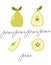 Clip-art set of different designs of pear, whole, half, slice and round cut. Cute card with the inscription, price tag, elements