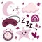 Clip art set of good night sleep nap design elements - moon, cloud, stars, sleeping mask, boho rainbow, zzz symbol, clock, smiling