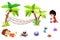 Clip Art Set: Sand Beach Stuff: Boy, Girl, Palm Tree, Hammock, Sands, Coconut Milk, Bucket, Shovel etc.