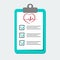 Clip board with hospital documents. Medical insurance forms. Doctor paperwork. Illustration in flat style