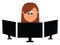Clipart of a beautiful girl working in one of the black monitors among the three over white background, vector or color