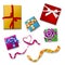 Clipart from bright gift boxes and satin ribbons on a white background. Each element has a shadow.