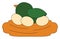 Clipart of a cute little green chicken resting on a nest with three eggs, vector or color illustration