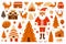 Clipart of drawing with gingerbread cookie, Santa Claus, reindeer, gift boxes, Christmas tree, flat design, white background