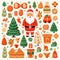 Clipart of drawing with gingerbread cookie, Santa Claus, reindeer, gift boxes, Christmas tree, flat design, white background