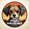 Clipart with friendly dog and text pet friendly, pets are welcome.