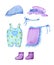 Clipart garden clothes in watercolor in lilac and blue colors.