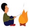 Clipart of a man roasting a perfect marshmallow over a campfire, vector or color illustration