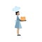 Clipart of a pastry chef woman carrying a big pastries cake, vector or color illustration