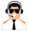 Clipart of pilot with the headset and controlling the airplane, vector or color illustration