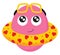 Clipart of a pink monster in a yellow life buoy warms himself while swimming in the hot summer, vector or color illustration