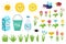 Clipart set with funny elements - sun, fly, ladybug, flowers, milk